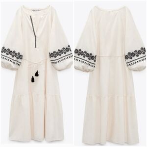 Zara New Ivory Black Embroidered Beaded Tassel Tie Flounce Maxi Dress SZ XXL